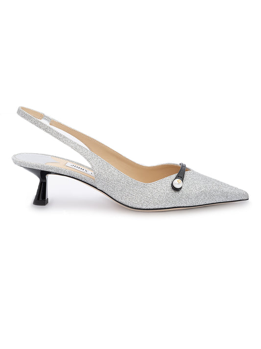 Jimmy Choo Silver Fine Glitter Amita 45 Slingback Pumps