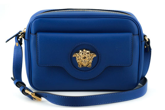 Elegante bolso Versace de piel de becerro azul para cámara