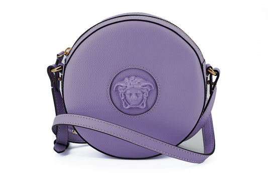 Elegante bolso de hombro redondo morado de Versace