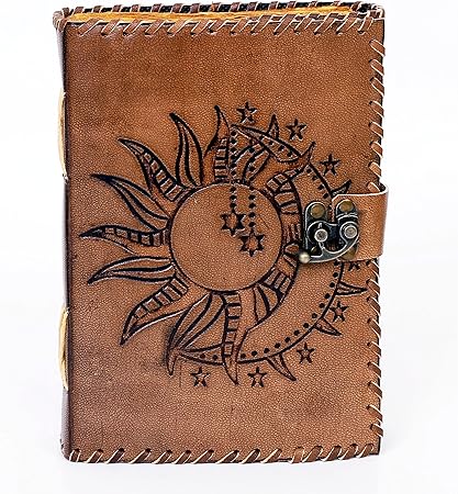 Diario de viaje de cuero hecho a mano – Vintage marrón con relieve de sol y luna