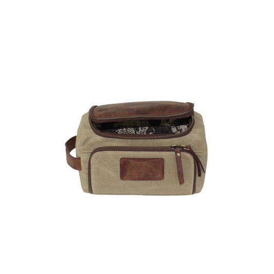 Neceser vintage de piel color caqui hecho a mano