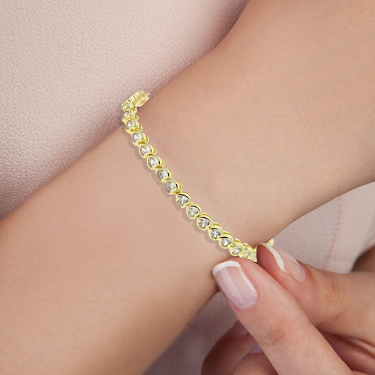 Lea Moda Gold Plated Tennis Bracelet 5A Cubic Zirconia Iced Out Geometric Heart 7.5 inch