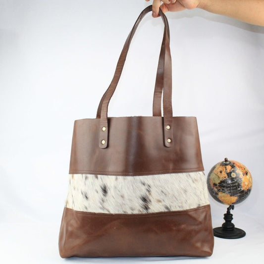 Bolso tote vintage de piel marrón hecho a mano - Piel de vaca