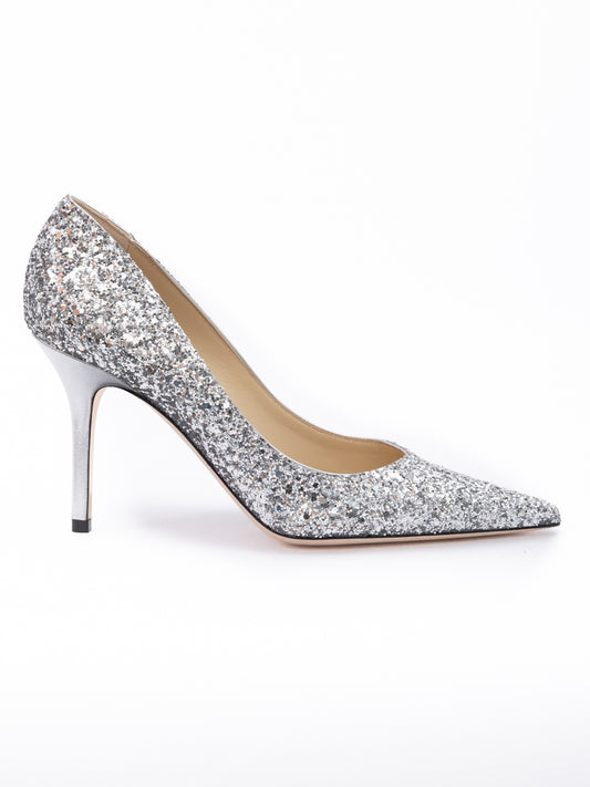 Jimmy Choo Silver Coarse Glitter Fabric Agnes Pumps