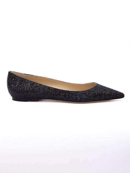 Jimmy Choo Black Coarse Glitter Fabric Alina Bellet Flat
