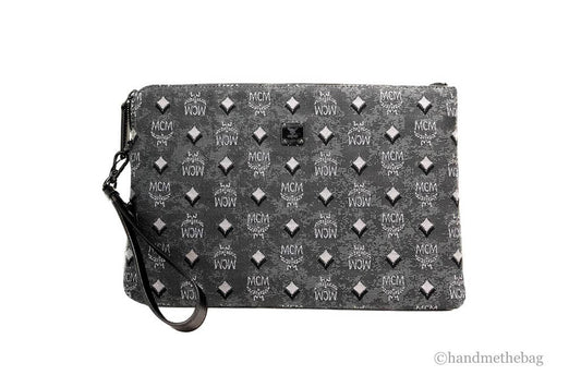MCM Veritas Medium Dark Grey Denim Monogram Logo Canvas Clutch Pouch Handbag