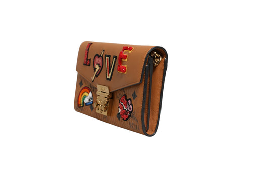 MCM Cognac Brown Coated Canvas Visetos Patricia Love Patch Wallet-on-chain