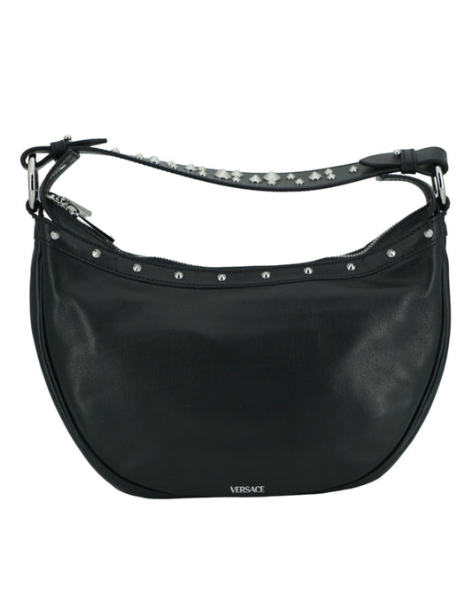 Bolso de hombro elegante de cuero negro estilo hobo de Versace
