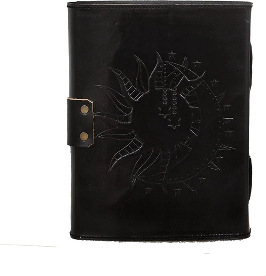 Handmade Leather Travel Journal - Black Sun & Moon Stone Embossed Vintage Notebook