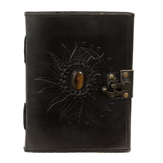 Handmade Leather Travel Journal - Black Sun & Moon Stone Embossed Vintage Notebook