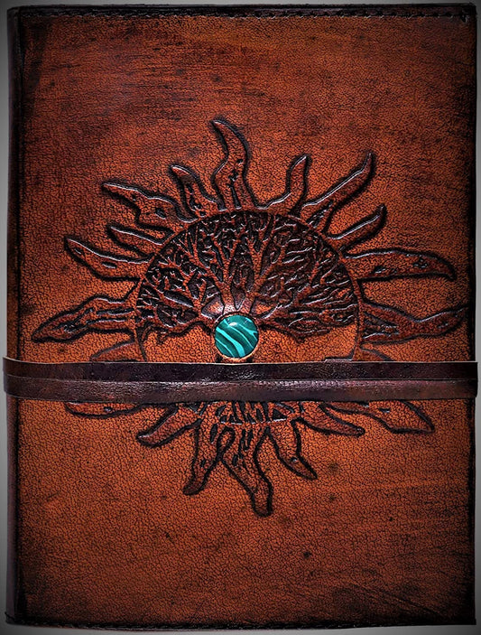 Handmade Leather Travel Journal – Brown Vintage Notebook with Sun & Tree of Life