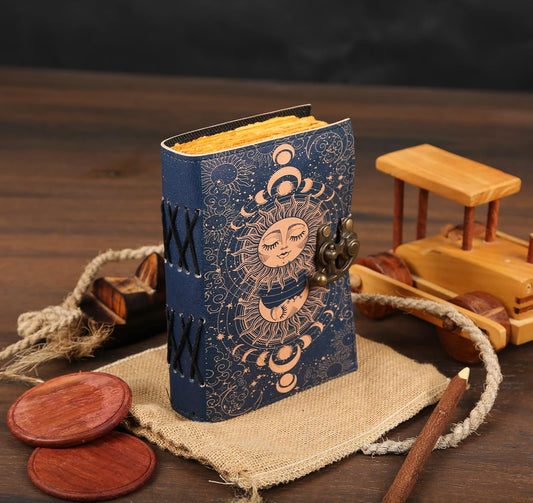 Handmade Leather Travel Journal – Blue Sun & Moon Design for Men & Women