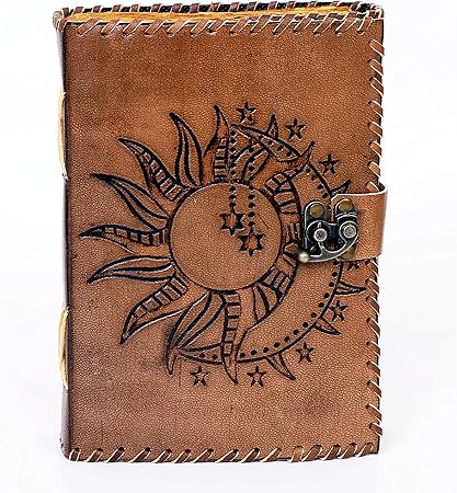 Handmade Leather Travel Journal – Vintage Brown Sun & Moon Embossed