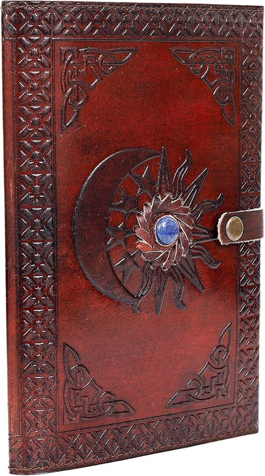 Handmade Leather Travel Journal – Brown Vintage Notebook with Sun & Moon