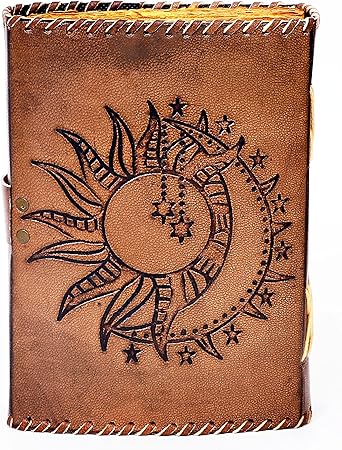 Handmade Leather Travel Journal – Vintage Brown Sun & Moon Embossed