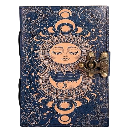 Handmade Leather Travel Journal – Blue Sun & Moon Design for Men & Women