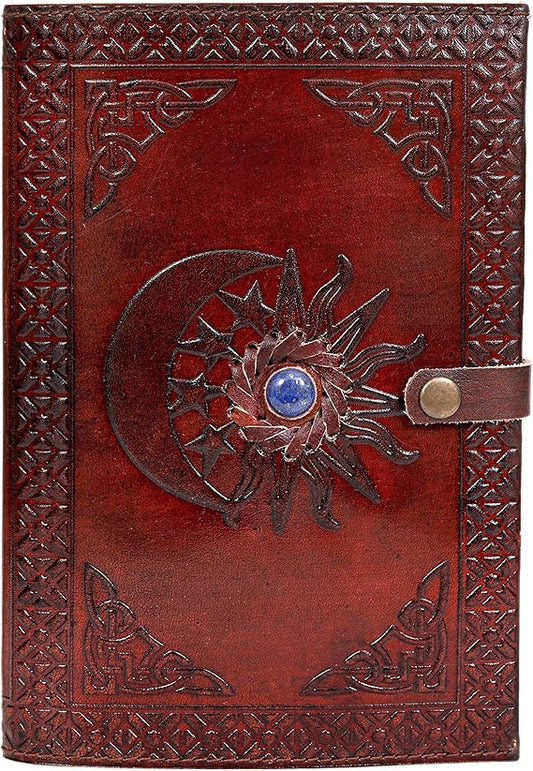 Handmade Leather Travel Journal – Brown Vintage Notebook with Sun & Moon