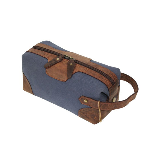 Vintage Handmade Blue Leather and Canvas Toiletry Bag