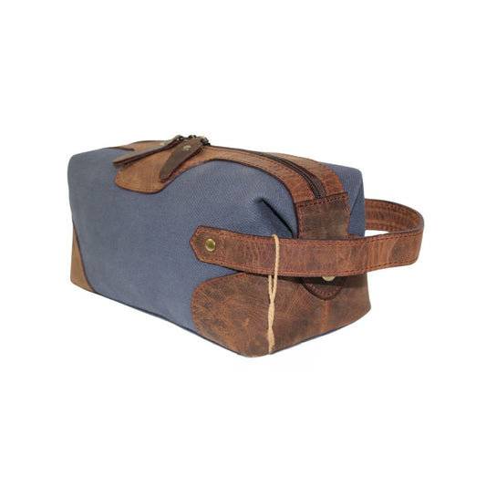 Vintage Handmade Blue Leather and Canvas Toiletry Bag