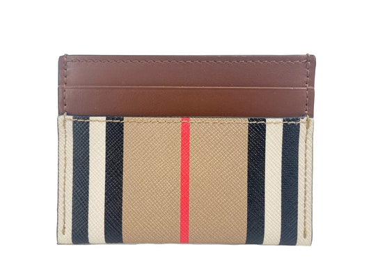 Burberry Sandon Tan Canvas Check Printed Leather Slim Card Case Wallet