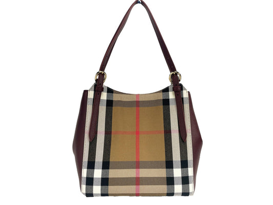 Burberry Small Canterby Mahogany Leather Check Canvas Tote Bag Purse