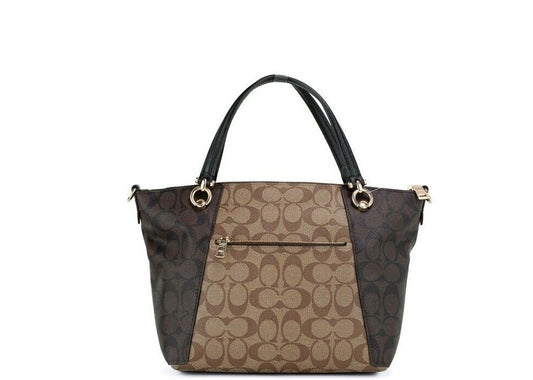 COACH Kacey Khaki Brown Blocked Signature Canvas Top Zip Satchel Handbag