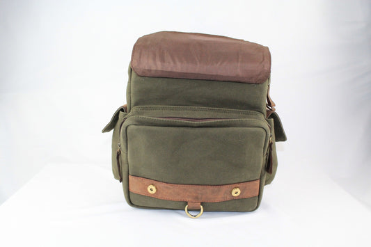 Vintage Handmade Leather Backpack - Green Canvas