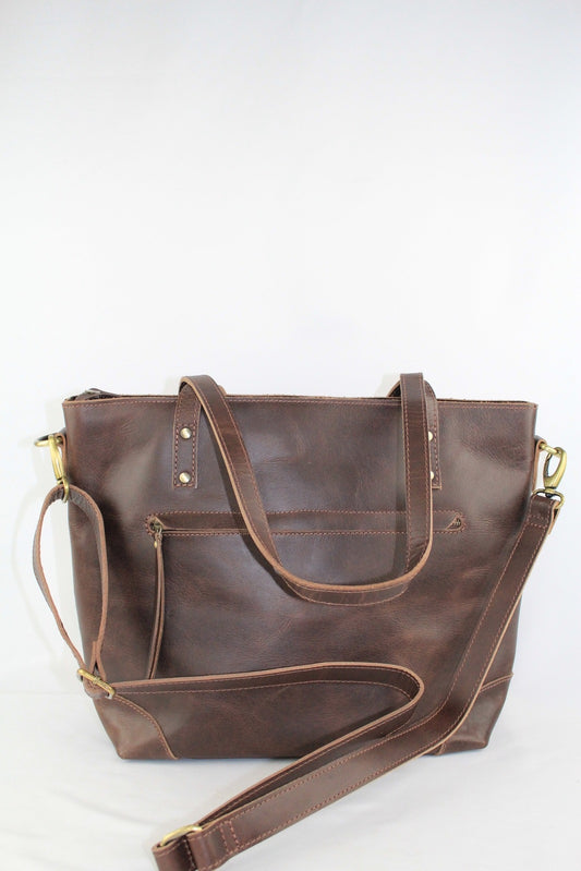 Vintage Handmade Chocolate Leather Tote Bag