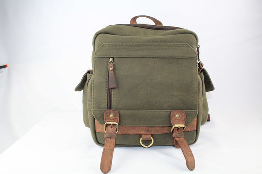 Vintage Handmade Leather Backpack - Green Canvas