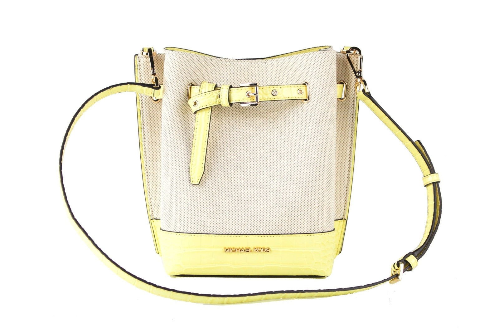 Michael Kors Emilia Small Canvas Snakeskin Print Leather Bucket Bag Messenger Crossbody Handbag Buttercup