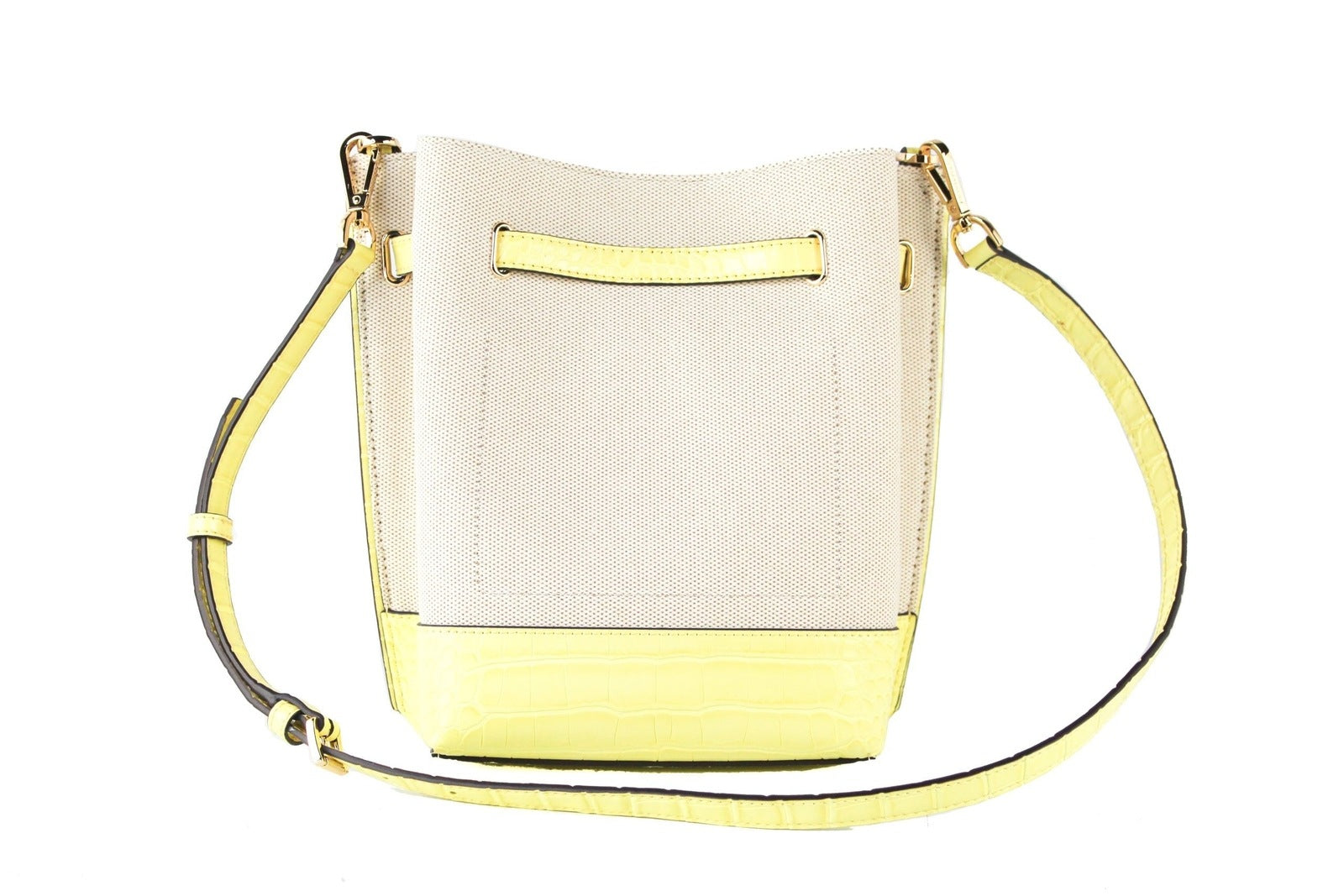 Michael Kors Emilia Small Canvas Snakeskin Print Leather Bucket Bag Messenger Crossbody Handbag Buttercup