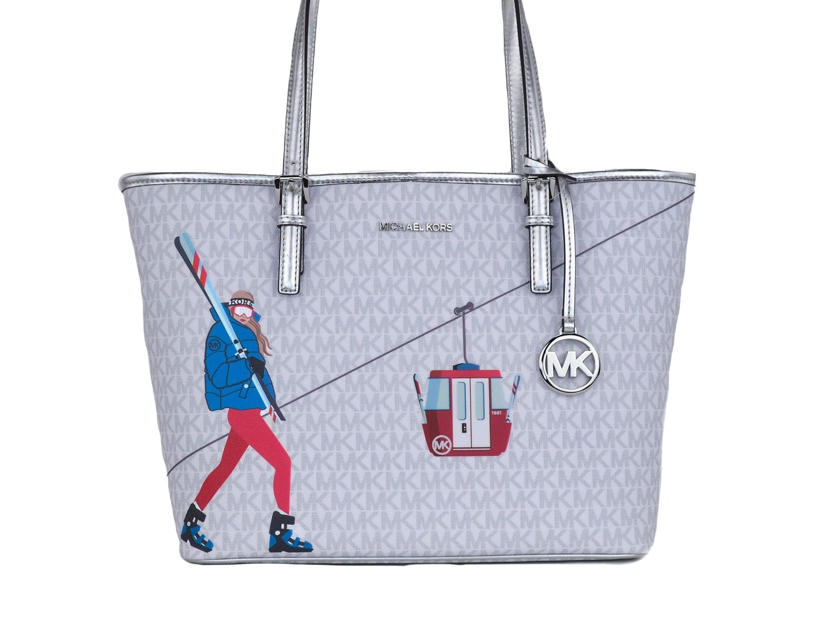 Michael Kors Jet Set Girls Print Medium Signature PVC Carryall Shoulder Tote Handbag Bright White Multi