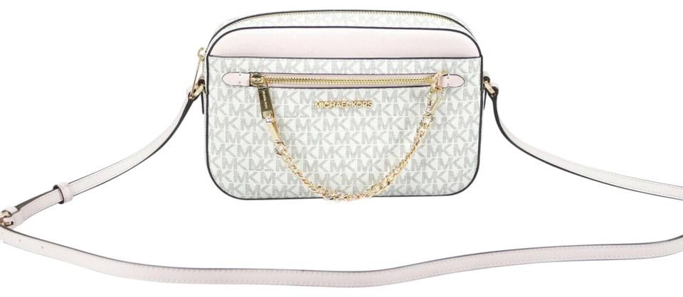 Michael Kors Jet Set Item Large East West Signature Leather Zip Chain Crossbody Handbag Vanilla PVC/Powder Blush