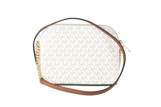 Michael Kors Jet Set Travel Medium Leather X Cross Dome Crossbody Handbag Vanilla Signature/Gold