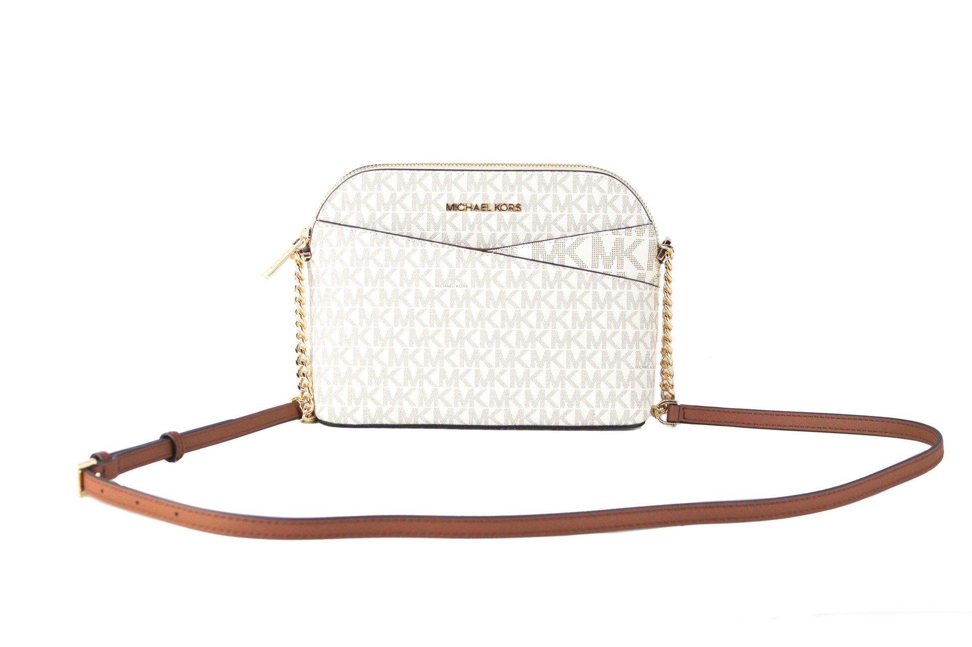 Michael Kors Jet Set Travel Medium Leather X Cross Dome Crossbody Handbag Vanilla Signature/Gold