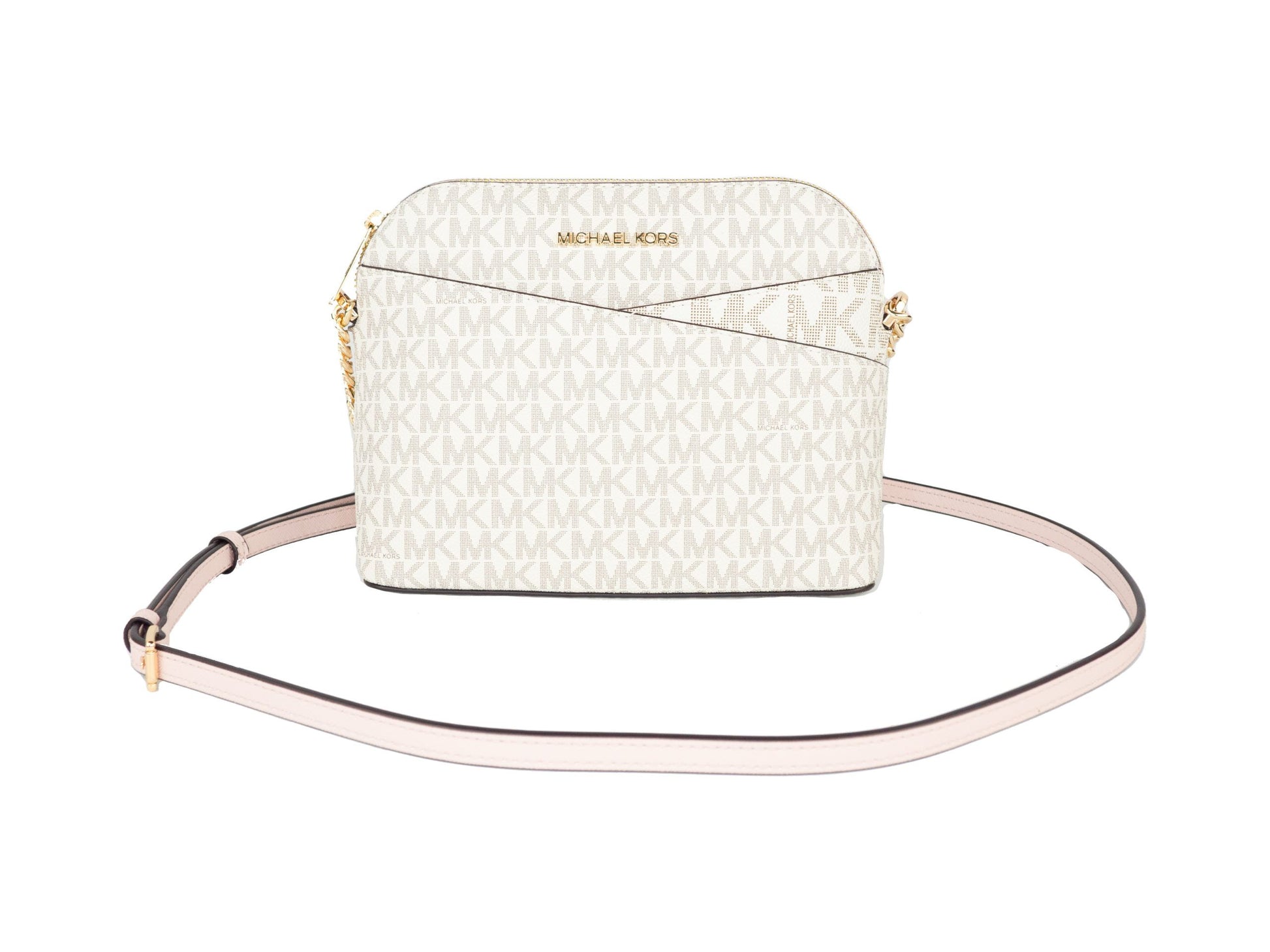 Michael Kors Jet Set Travel Medium Leather X Cross Dome Crossbody Handbag Vanilla Signature/Powder Blush