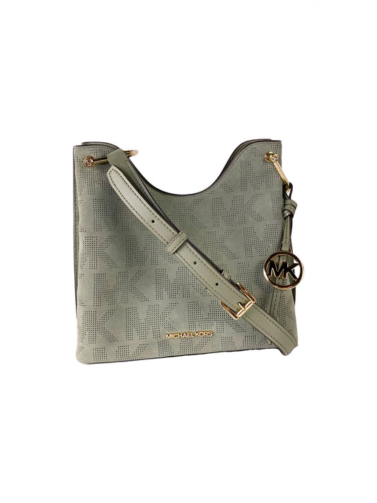 Michael Kors Joan Large Perforated Suede Leather Slouchy Messenger Handbag Army Green