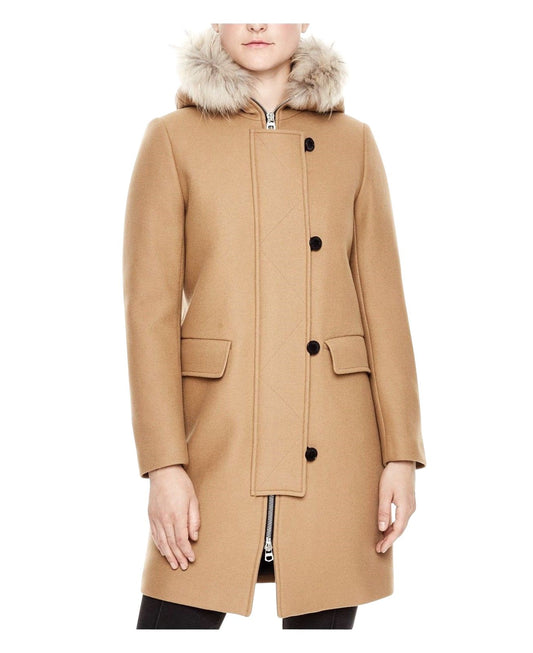 Sandro Women's Camel Kurt Wool Coat Fur Trim Hood