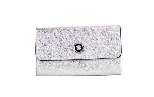 Versace Small Metallic Silver Lamb Leather Medusa Clutch Crossbody Wallet Bag