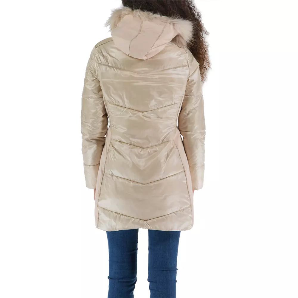 Yes Zee Elegant Beige Padded Jacket with Fur Hood