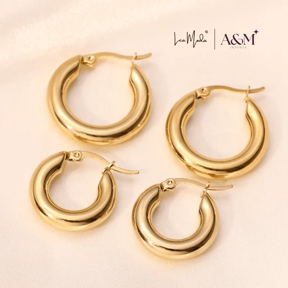 Lea Moda 18K Gold Plated Minimalist Chunky Hoop Earrings - Stainless Steel