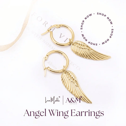 Lea Moda 18k Gold Wing Charm Drop Earring Angel Wing Hoop Earrings