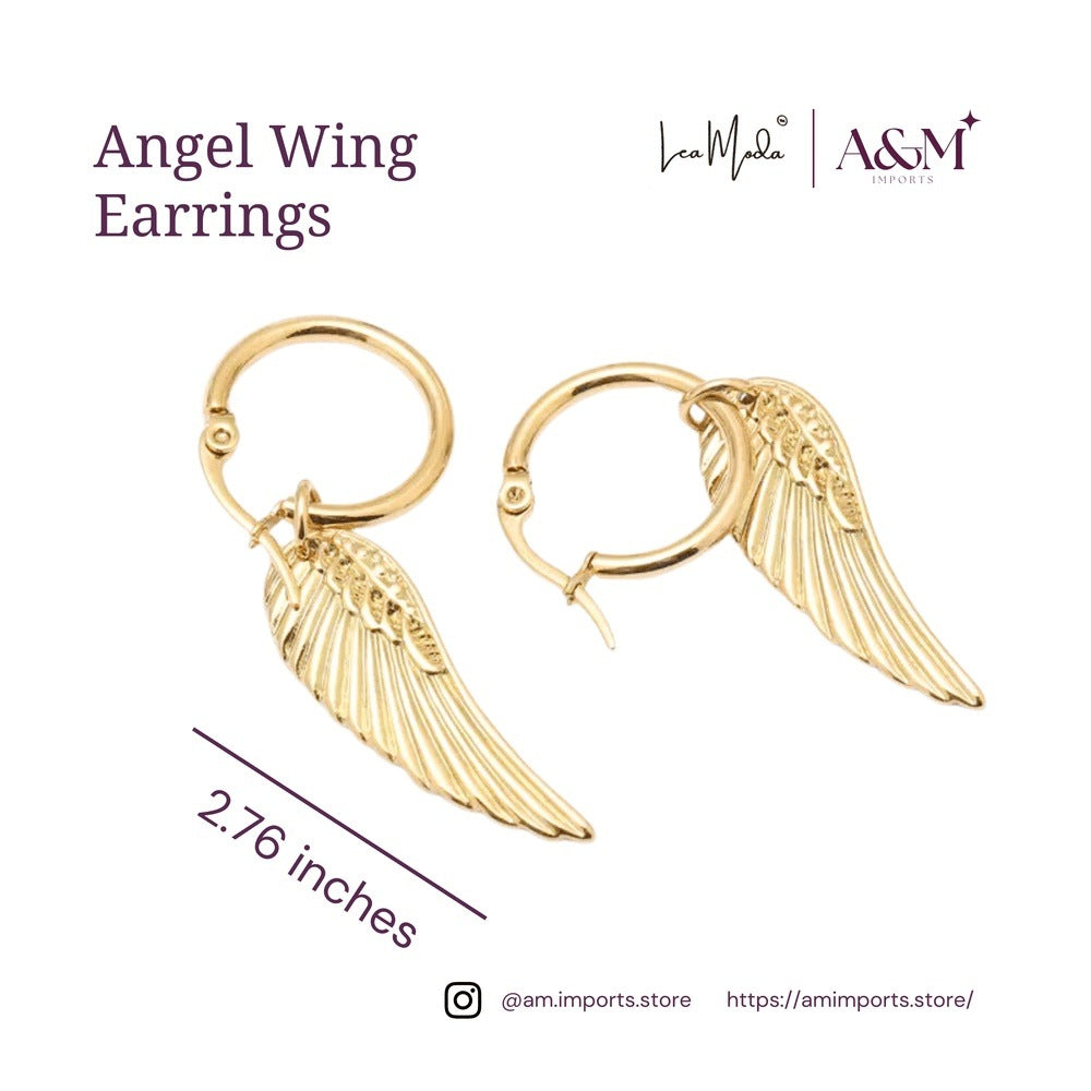 Lea Moda 18k Gold Wing Charm Drop Earring Angel Wing Hoop Earrings