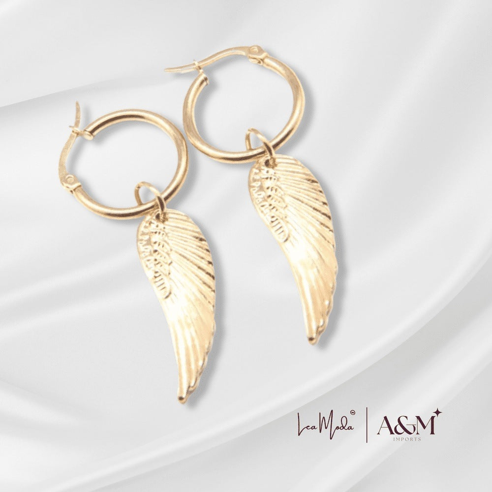 Lea Moda 18k Gold Wing Charm Drop Earring Angel Wing Hoop Earrings