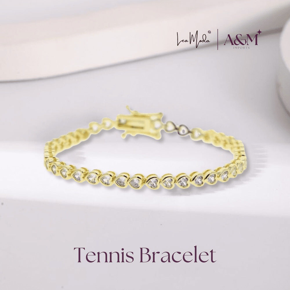 Lea Moda Gold Plated Tennis Bracelet 5A Cubic Zirconia Iced Out Geometric Heart 7.5 inch