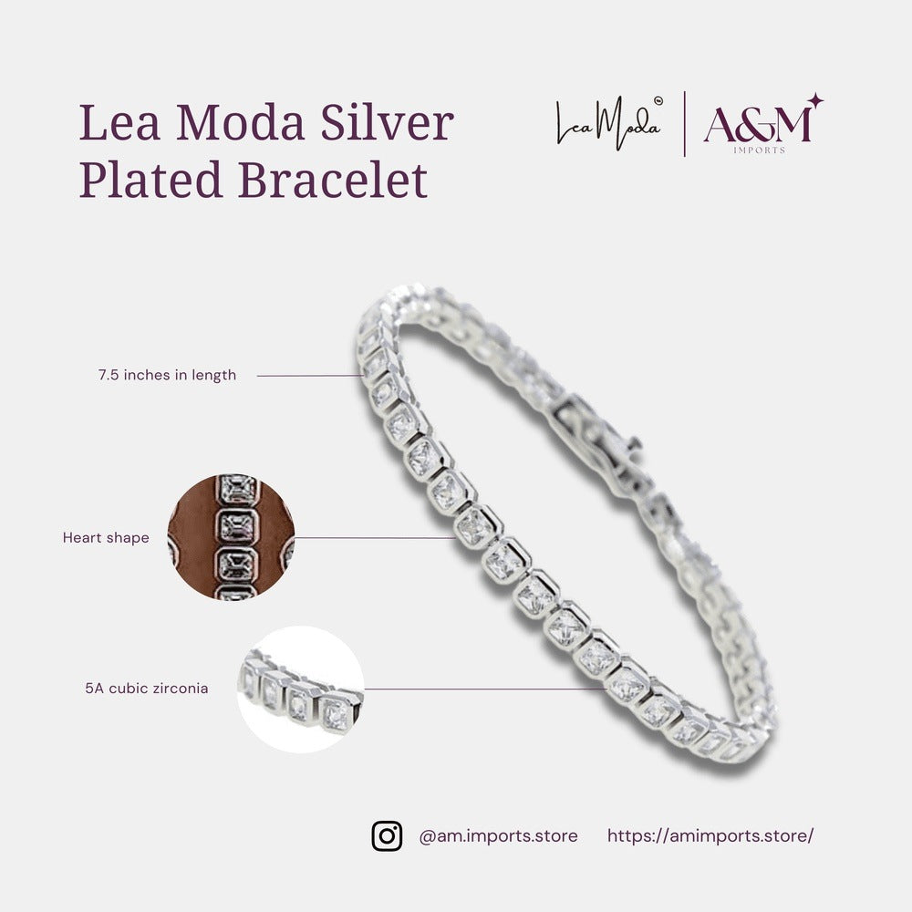 Lea Moda Silver Plated Tennis Bracelet 5A Cubic Zirconia Iced Out Geometric Square 7.5 inch