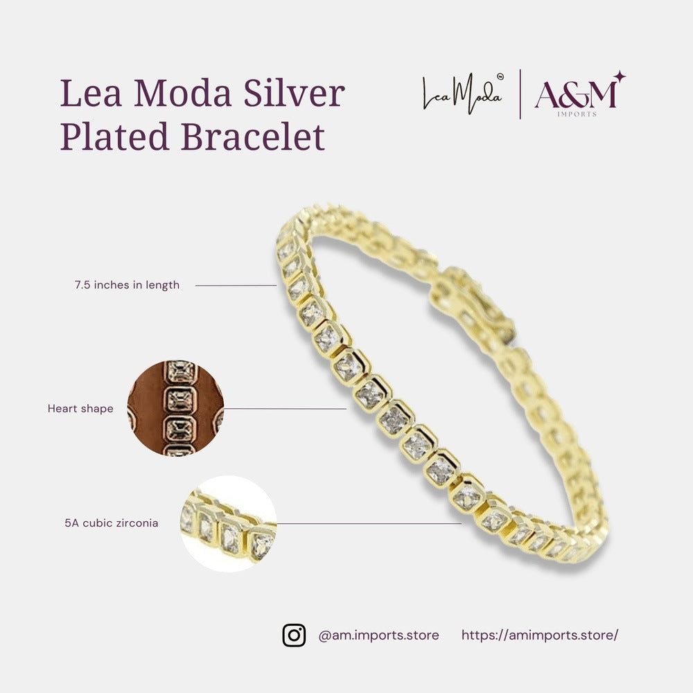 Lea Moda Gold Plated Tennis Bracelet 5A Cubic Zirconia Iced Out Geometric Square 7.5 inch