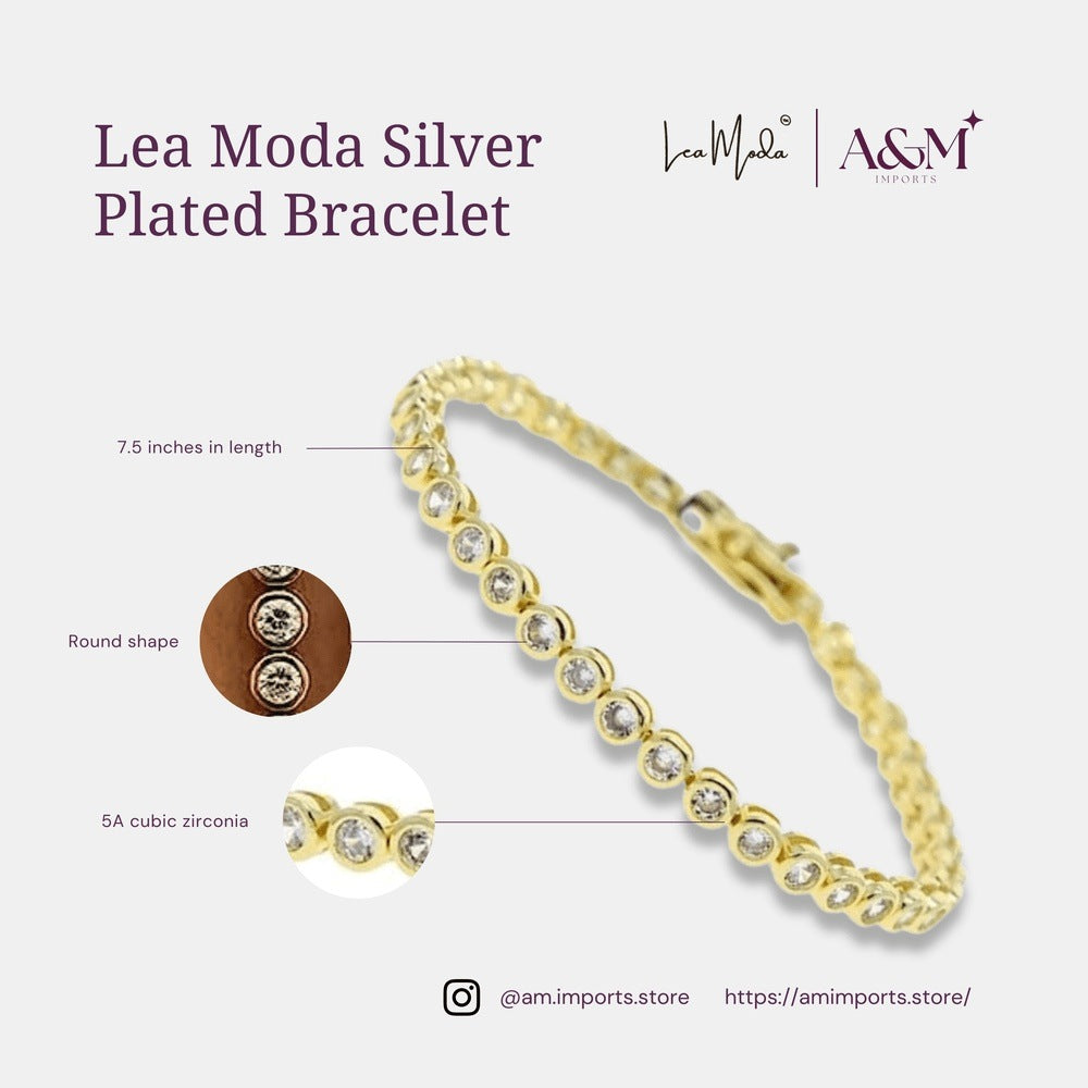 Lea Moda Gold Plated Tennis Bracelet 5A Cubic Zirconia Iced Out Geometric Round 7.5 inch