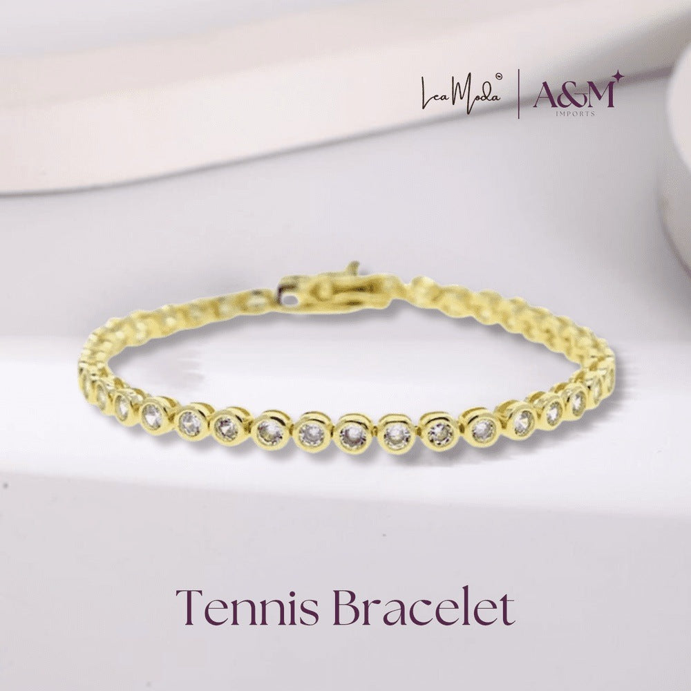 Lea Moda Gold Plated Tennis Bracelet 5A Cubic Zirconia Iced Out Geometric Round 7.5 inch