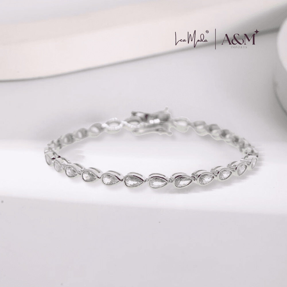 Lea Moda Silver Plated Tennis Bracelet 5A Cubic Zirconia Iced Out Geometric Teardrop 7.5 inch